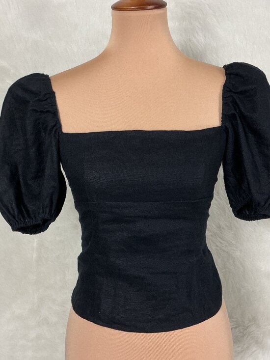 Reformation Tops - Reformation Arancini Black Linen Puff Sleeve Smocked Back Top 4
